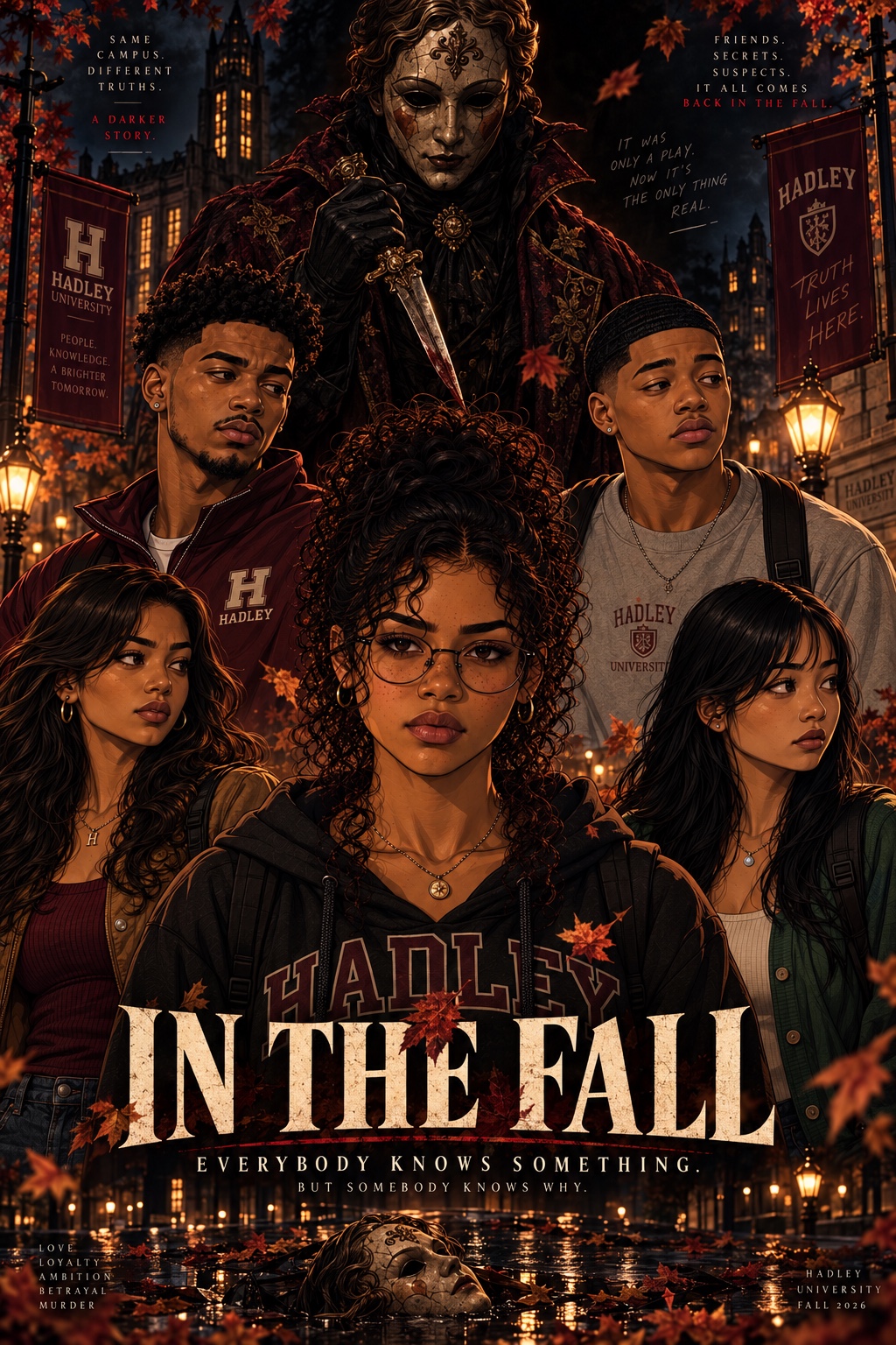 Official In the Fall ensemble poster featuring Lily and friends at Hadley University with the Mourner looming above